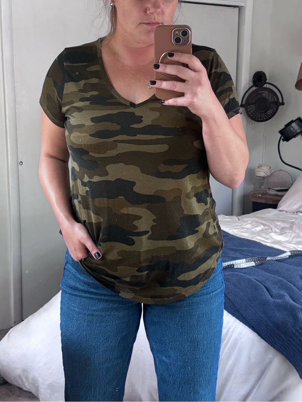Lucky Brand Olive Camo V-Neck Short Sleeve Tee